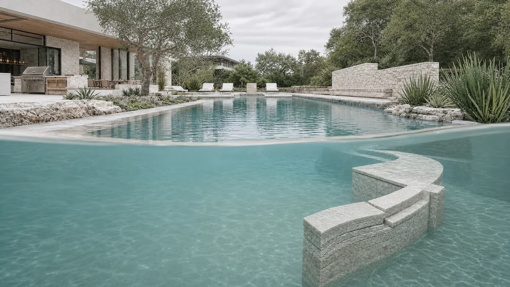 Outdoor pool, fire wall and kitchen shown with the selected material mood