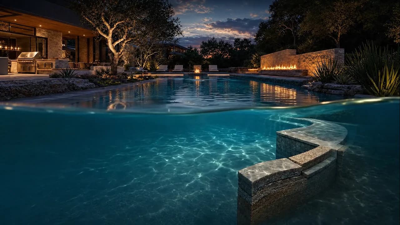 A complete outdoor environment with pool, kitchen, fire and planting