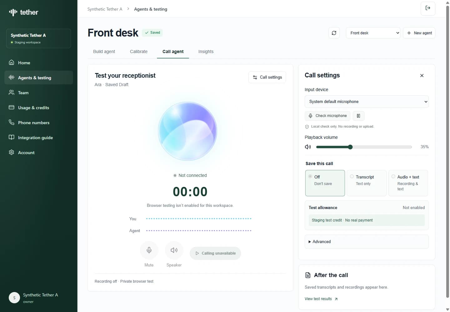Tether development interface showing a synthetic workspace, agent testing and call settings